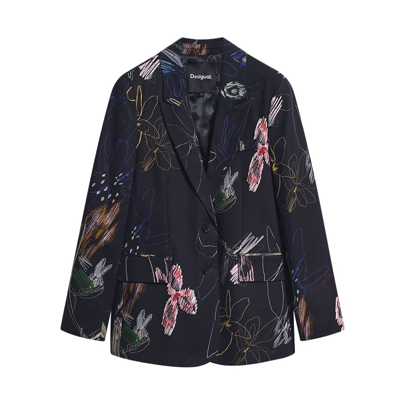 Desigual26秋冬新品彩色涂鸦抽象画笔印花休闲西装女式外套