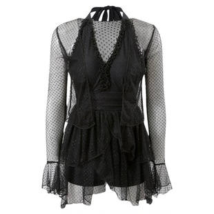 法式性感深V网纱衫大码胖mm连体泳衣女黑色蕾丝露背度假温泉泳装