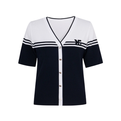 XG/雪歌XK211024B928条纹短袖毛针织衫2025夏季新款藏青色开衫女