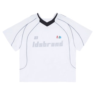 memoryin童装球服两个小朋友字母印花美式复古拼接V领短袖T恤