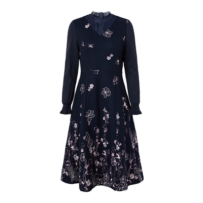 马天奴女装藏蓝羊毛混纺连衣裙