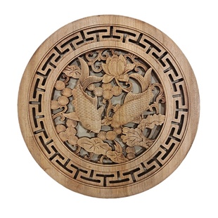新中式东阳木雕挂件圆形客厅壁饰画香樟实木雕刻工艺品背景墙48CM