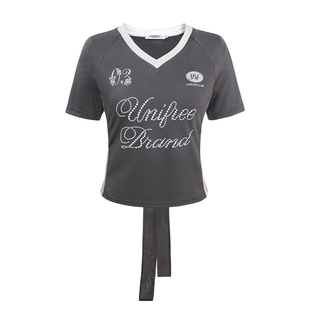 UNIFREE泽西风v领短袖T恤女网眼重工收腰美式辣妹运动风修身球衣