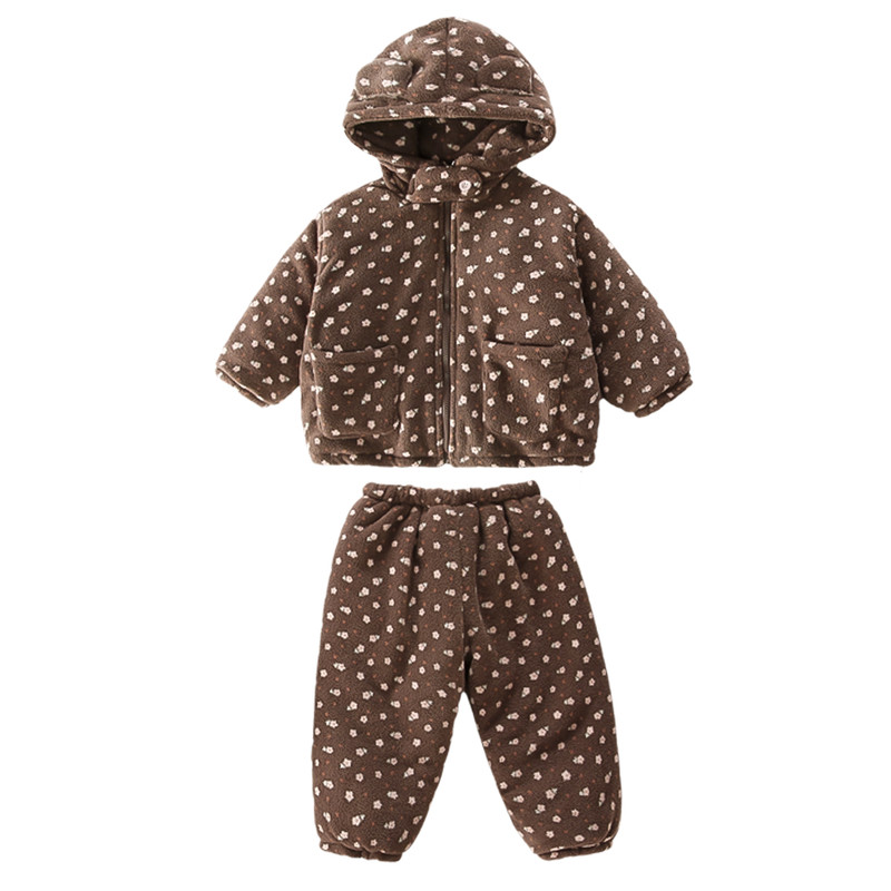 女童碎花加绒加厚连帽家居服套装