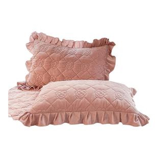 秋冬A类宝宝婴儿绒加厚夹棉加绒花边枕套一对装48x74cm枕芯内胆套