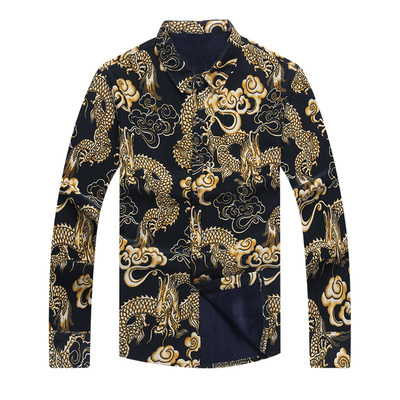 中年爸爸龙纹图案加绒印花衬衫