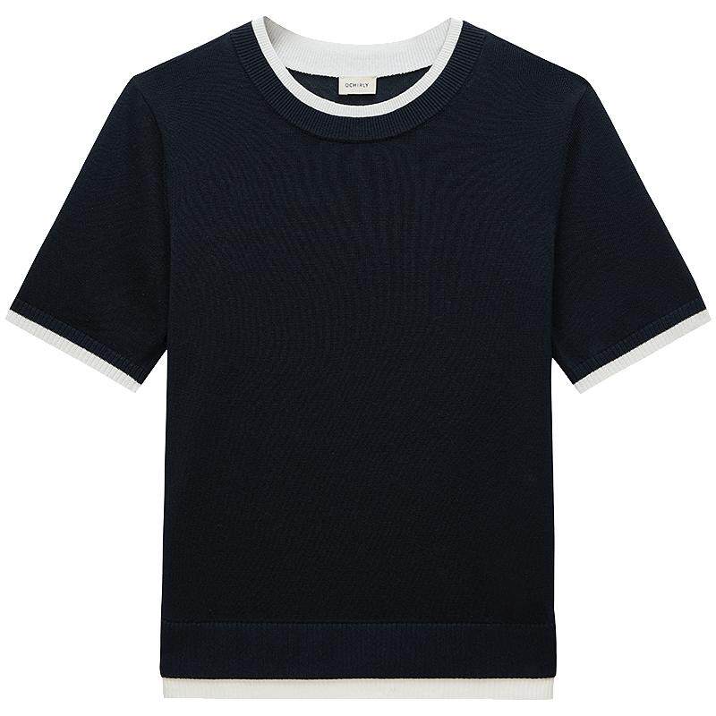 OCHIRLY欧时力 天丝亚麻假两件撞色短袖针织衫女轻薄空调衫夏季