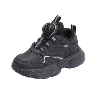 安奈儿女童运动鞋黑色2026新款春秋中大童皮面防水男童儿童老爹鞋