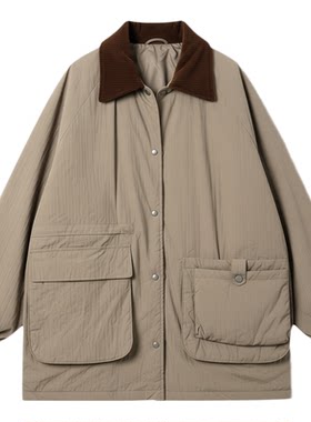 卡其色复古风翻领大口袋工装棉服