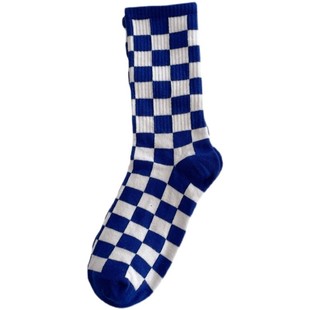 韩国潮袜克兰茵蓝高筒袜女宝蓝色笑脸高帮运动袜棋盘格字母C女袜