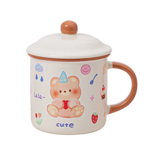 可爱陶瓷马克杯带盖大容量仿搪瓷办公室女情侣水杯子高颜值早餐杯