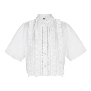 lefame拉飞姆时尚宫廷风荷叶边白色短袖女小上衣衬衫显瘦百搭