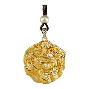 9999足银桃花狐狸吊坠女描金中式金纹颂九尾狐毛衣链挂坠马年礼物