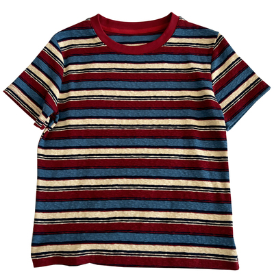 复古撞色条纹圆领短袖t恤女修身