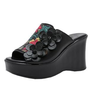 8厘米高跟外穿拖鞋女凉拖 厚底坡跟花朵一字拖防水台皮托增高中年