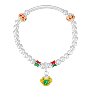 水贝银饰官方旗舰店S999足银珐琅彩如意半镯银手串七夕礼物送女友