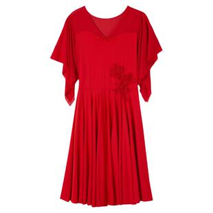 广场舞服装2025夏天新款连衣裙舞蹈裙大红裙大妈团队比赛表演服女