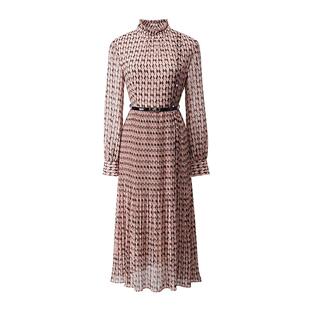 颜域立领长袖粉色连衣裙春装女士2026新款收腰显瘦气质中长款裙子