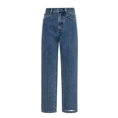 复古破洞水洗蓝高腰九分牛仔裤