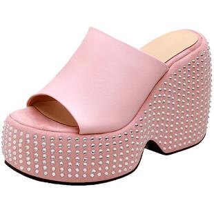 时尚外穿厚底坡跟凉拖鞋女凉鞋夏新款真皮水钻防水台超高跟鞋