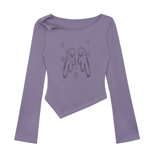 SagiDolls少女斗志薄藤灰紫消逝翅膀印花甜辣设计感露肩T恤演唱会