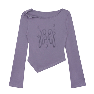 SagiDolls少女斗志薄藤灰紫消逝翅膀印花甜辣设计感露肩T恤演唱会