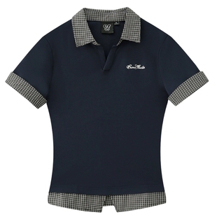 ER学院风短袖POLO衫女2026夏撞色拼接格子假两件T恤修身显瘦上衣