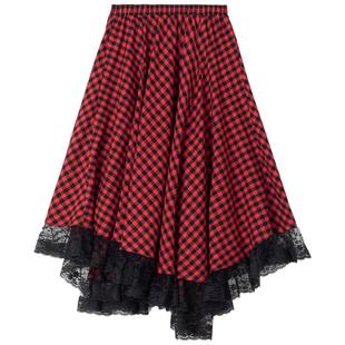 KEIKO苏格兰情调红格子A字半身裙26春季复古风不规则蕾丝花边长裙