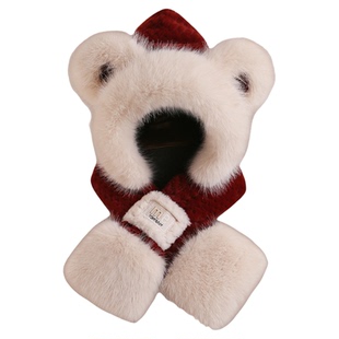 可爱小熊帽子围巾一体女冬季加厚保暖护耳帽洋气儿童毛绒帽围脖帽