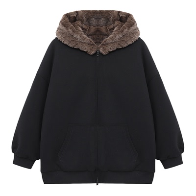 Basic House/百家好加绒毛领连帽外套女冬休闲风简约保暖拉链上衣