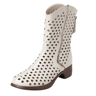 全头层牛皮2026春夏季真皮中筒靴女镂空舒适软底凉靴白色洞洞靴子