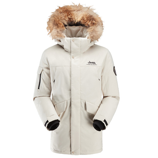 Jeep吉普户外休闲鹅绒羽绒服男工装貉子毛领防寒服中长款派克服