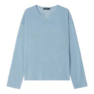 【UNVESNO专场】Unvesno(UN)极简小V领亚麻莱赛尔棉混纺长袖T恤