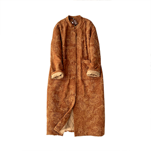 中式国风立领长款夹棉外套棉麻提花刺绣棉服冬季保暖宽松棉衣棉袄