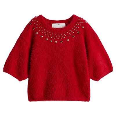 HM童装儿童女童毛衣夏季红色新年短袖针织套衫1311312