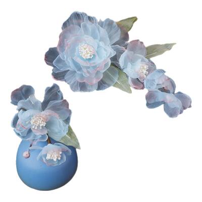 古风蓝色绢纱花朵对夹手工