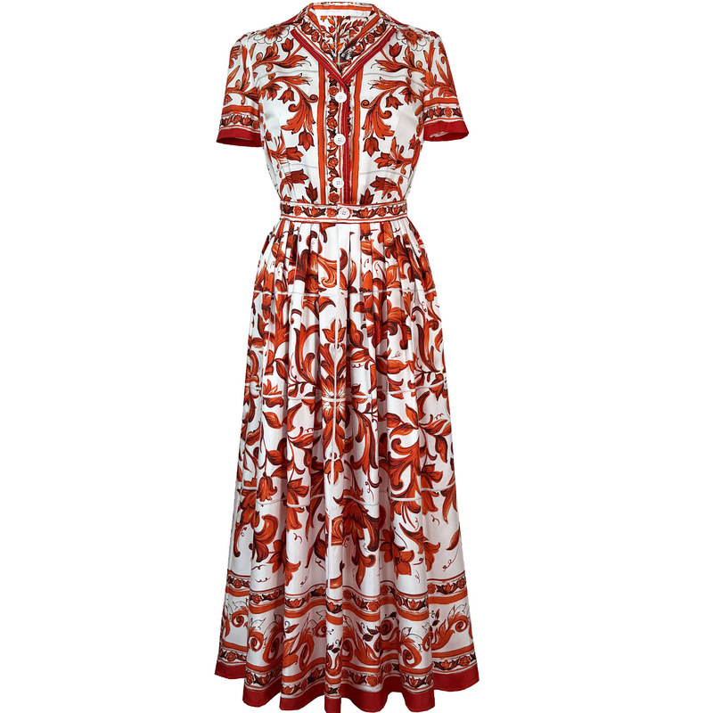 重磅真丝连衣裙2026夏复古红花翻领高腰收褶显瘦短袖印花长裙蚕丝
