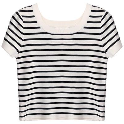 Lavinia莱赛尔真丝黑白条纹方领针织衫女修身上衣2025年春季新品