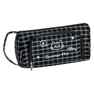 丹猎格纹小猫笔袋ins风2026新款大容量简约小学生男孩女孩款多功能文具袋耐脏小众不撞款初高中生收纳文具袋