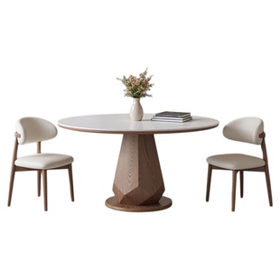 法式中古风带转盘实木岩板餐桌家用小户型全承托白蜡木简约圆形桌