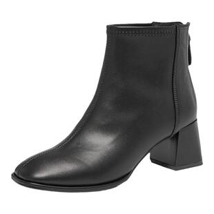 星期六时装靴2024冬季新款粗高跟方头后拉链保暖黑女鞋SSC4116504