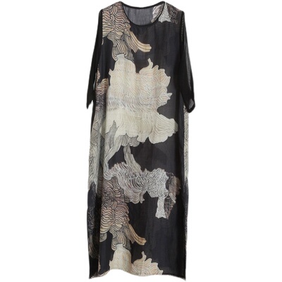 品牌艺术气质风纯麻水墨连衣裙