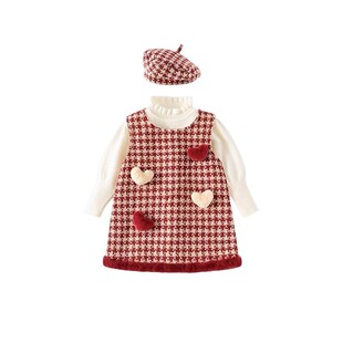 女童秋冬生日立体爱心毛呢加绒背心裙毛衣针织衫贝雷帽套装拜年服