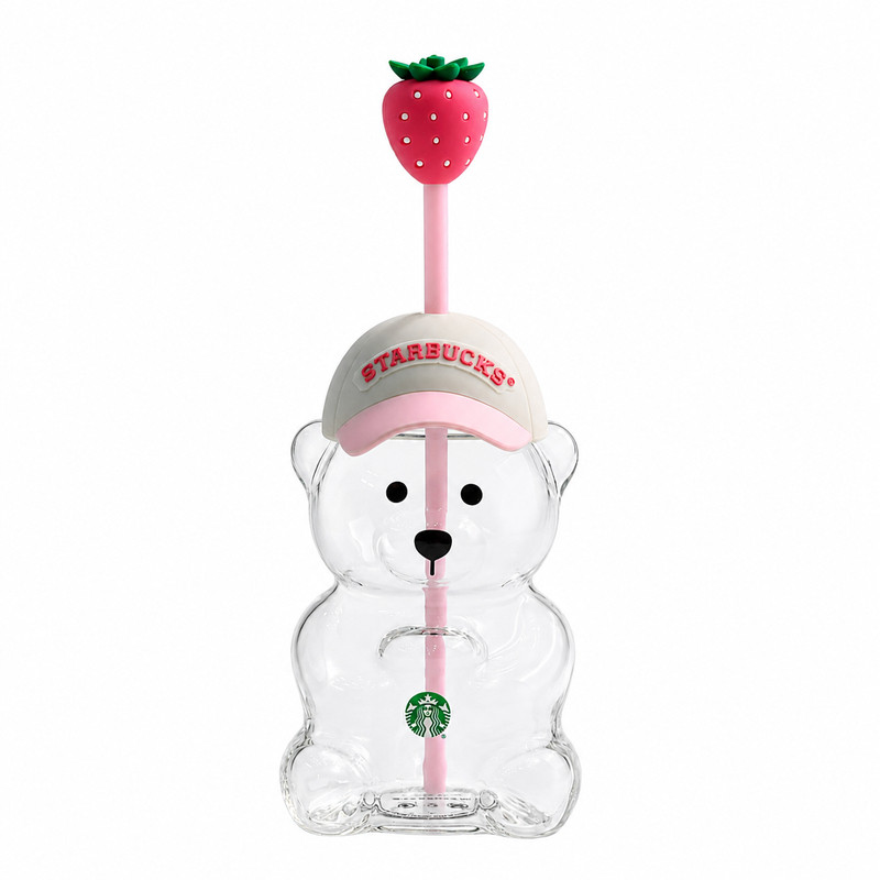 北美Pink Bearista粉色棒球帽小熊玻璃吸管杯可爱草莓吸管帽杯子