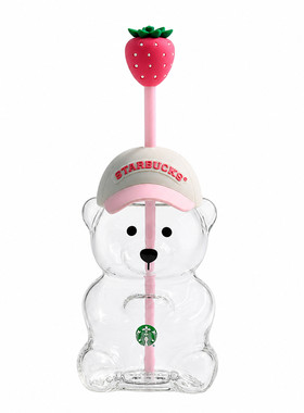 北美Pink Bearista粉色棒球帽小熊玻璃吸管杯可爱草莓吸管帽杯子