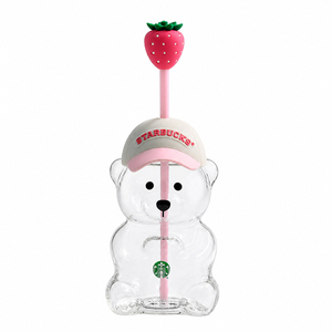 北美Pink Bearista粉色棒球帽小熊玻璃吸管杯可爱草莓吸管帽杯子