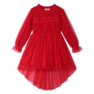 【奥莱清仓】安奈儿女童装连衣裙长袖红色2023冬新款甜美网纱裙子