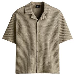 HM男装古巴领衬衫春季宽松版型华夫格衬衣上衣1276098