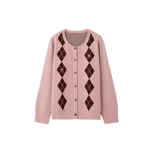 时然大码微胖MM25年冬季女设计感撞色菱格学院风圆领针织开衫毛衣