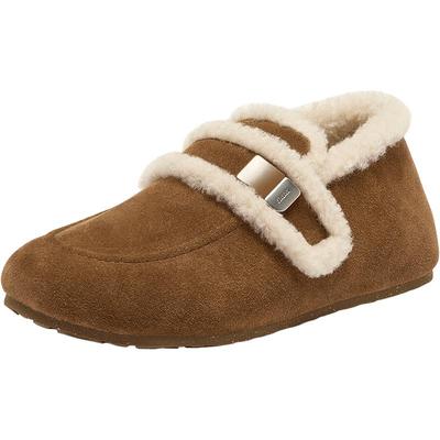 Bata勃肯毛毛鞋女2025秋商场新款英伦牛剖皮加绒保暖单鞋AUH18CM5